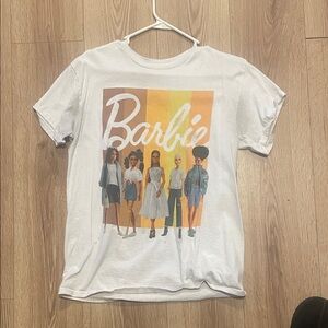 Barbie White Tee with Retro Rainbow Logo and Doll Art
